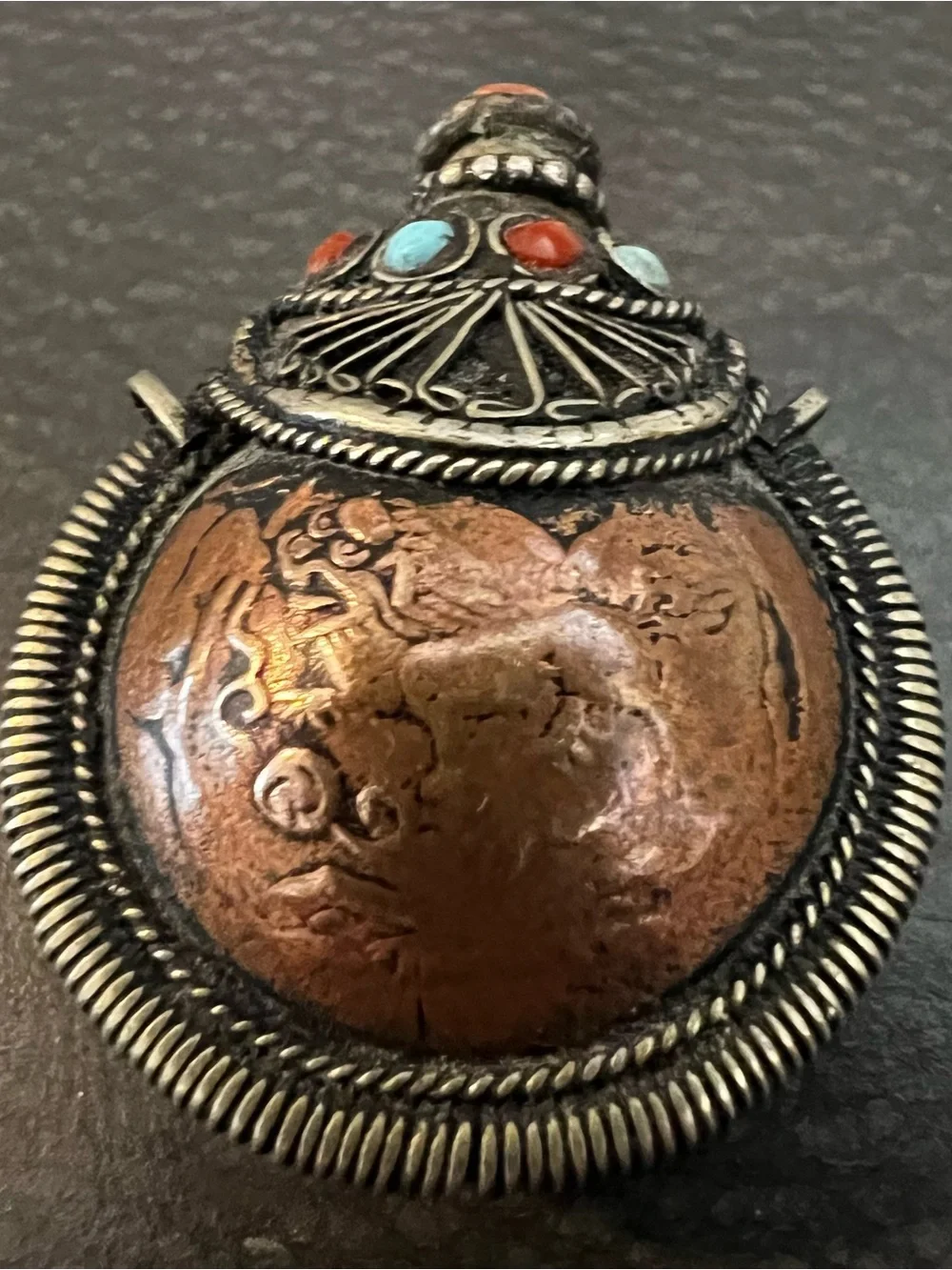 Handcrafted Copper and Silver Pendant with Turquoise and Coral Accents